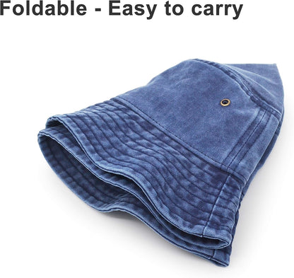 Bucket Hat, Wide Brim Washed Denim Cotton Outdoor Sun Hat Flat Top Cap for Fishing Hiking Beach Sports