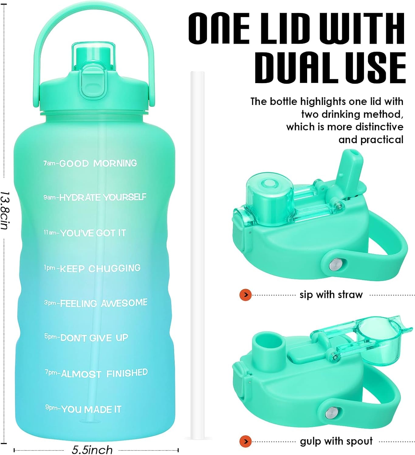 1 Gallon Water Bottles with Straw, 128 Oz / 3.8L Water Bottle BPA Free Innovative 2-IN-1 Lid Gym Bottle with Times to Drink Motivational, Large for Sports Fitness Camping Water Jug One Gallon