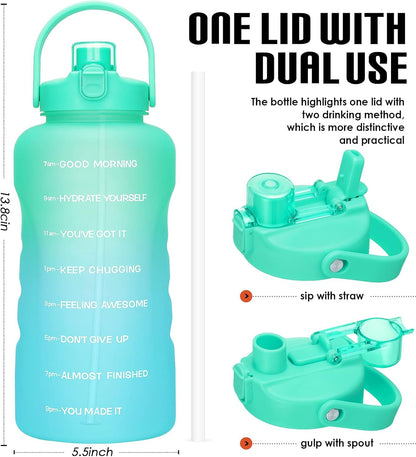 1 Gallon Water Bottles with Straw, 128 Oz / 3.8L Water Bottle BPA Free Innovative 2-IN-1 Lid Gym Bottle with Times to Drink Motivational, Large for Sports Fitness Camping Water Jug One Gallon