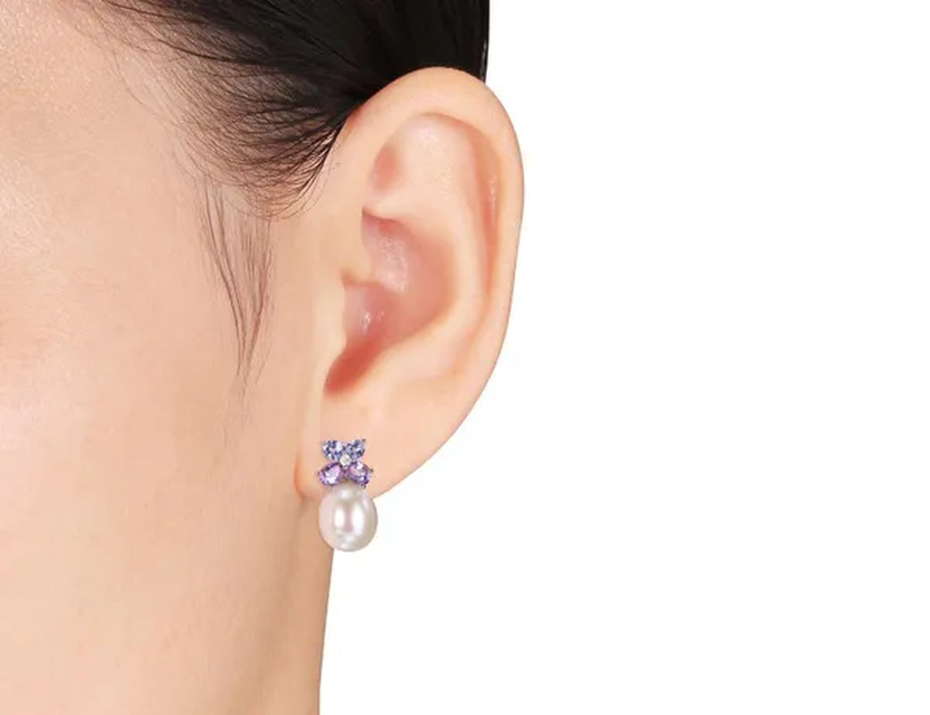 White Freshwater Cultured Pearl  8-8.5mm with Diamond, Tanzanite and Amethyst Stud Earrings In Sterling Silver
