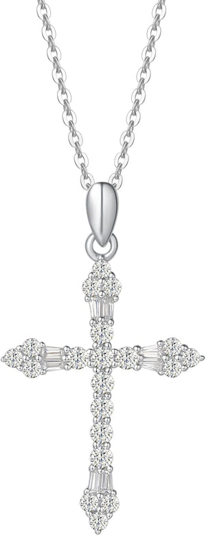 Cross Necklace for Women 925 Solid Sterling Silver Cubic Zirconia Flower Budded Cross Princess Pendant for Women, 18" Extender