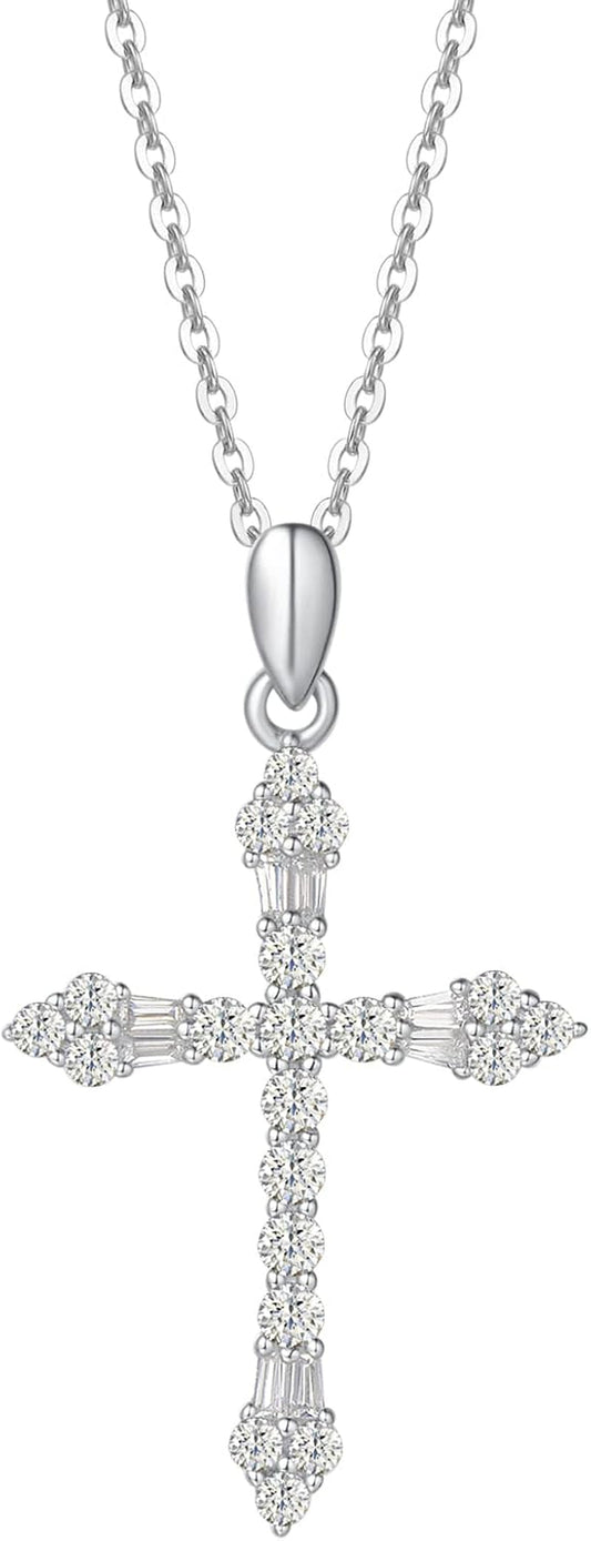 Cross Necklace for Women 925 Solid Sterling Silver Cubic Zirconia Flower Budded Cross Princess Pendant for Women, 18" Extender