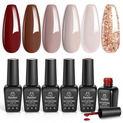 Beetles 6 Colors, Fall Colors Nude Pink Burgundy Glitter Brown Gel Polish Set Soak off UV Light for Easy DIY Nail Art Salon Home Design Gifts for Women