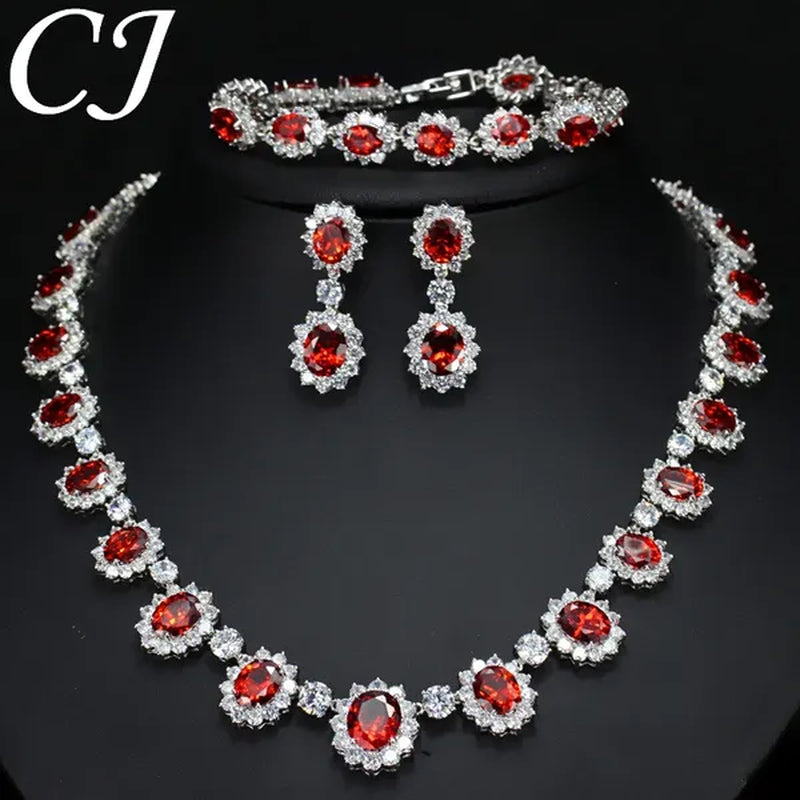 CANDICE Elegant Red Wedding Jewelry Set Micro CZ Stone Paved Oval Crystal Drop Earrings Bracelet And Necklace Sets For Bride - WORLD TIME VISITS