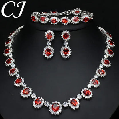 CANDICE Elegant Red Wedding Jewelry Set Micro CZ Stone Paved Oval Crystal Drop Earrings Bracelet And Necklace Sets For Bride - WORLD TIME VISITS