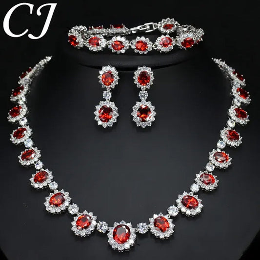 CANDICE Elegant Red Wedding Jewelry Set Micro CZ Stone Paved Oval Crystal Drop Earrings Bracelet And Necklace Sets For Bride - WORLD TIME VISITS