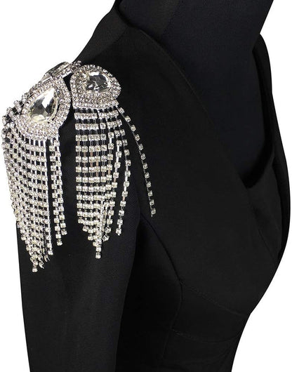 Beaded Diamond Waterdrop Design Patches Crystal Fringe Tassel Rhinestones Shoulder Badges Brooches Women Dress Applique 2Piece