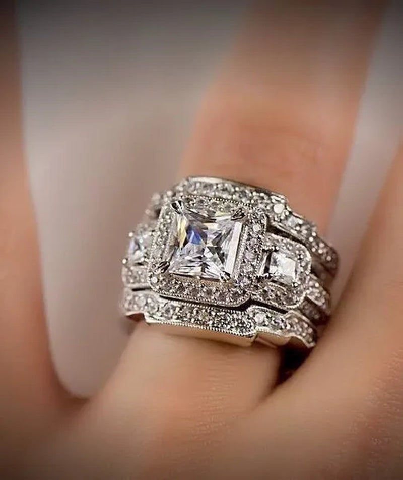 Gift for Her Shiny Diamond Gift Fashion Wedding Party Ring Set Full Engagement Jewelry Ring 3Pcs/Set Size US 5-11