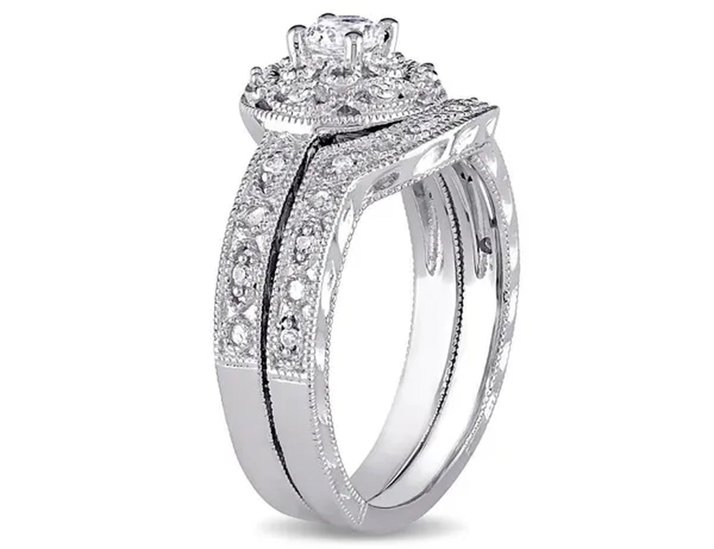 1/3 Carat (ctw) Lab-Created White Sapphire Bridal Engagement Ring and Wedding Band Set with Diamonds in Sterling Silver
