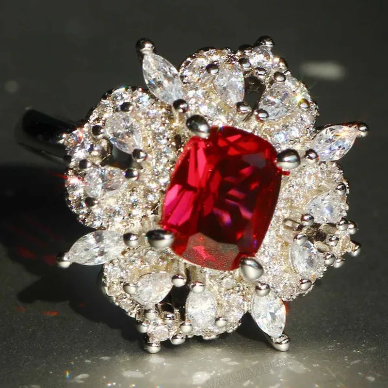 Gorgeous Silver Natural Gemstones White Sapphire & Ruby Ring Wedding Birthstone Bride Engagement Multilevel Square Ring Jewelry Size 6 7 8 9 10