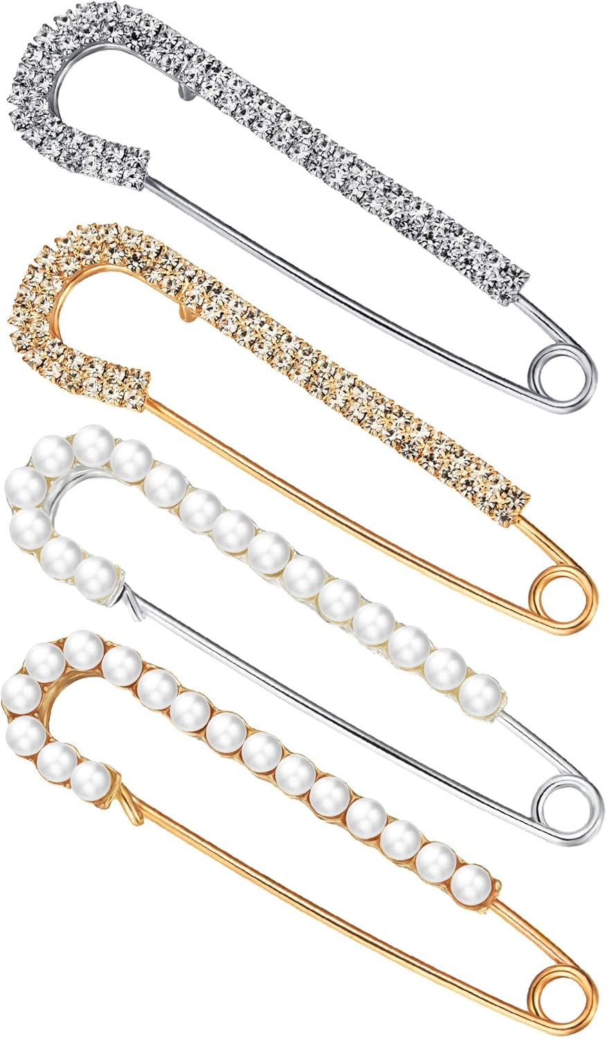 Women Brooch Pins Sweater Shawl Clips Faux Crystal Pearl Brooches Safety Pins Dress Shirt Clips for Women Gold Silver (4 Pieces) - WORLD TIME VISITS