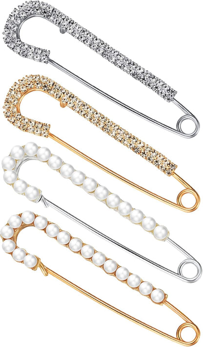 Women Brooch Pins Sweater Shawl Clips Faux Crystal Pearl Brooches Safety Pins Dress Shirt Clips for Women Gold Silver (4 Pieces) - WORLD TIME VISITS