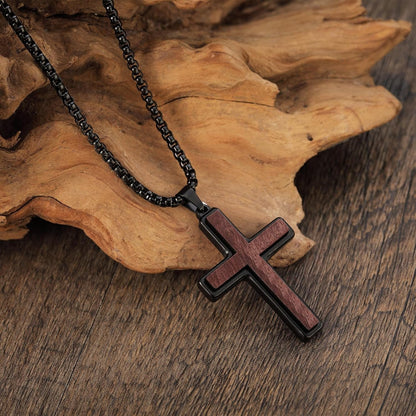 Wooden Cross Necklace for Men, Natural Sandalwood Inlaid with Black Stainless Steel Pendant, Mens Cross Necklaces Including 24 Inch Box Chain. Christmas Gifts for Husbands, Fathers, Sons, and Friends. ﻿