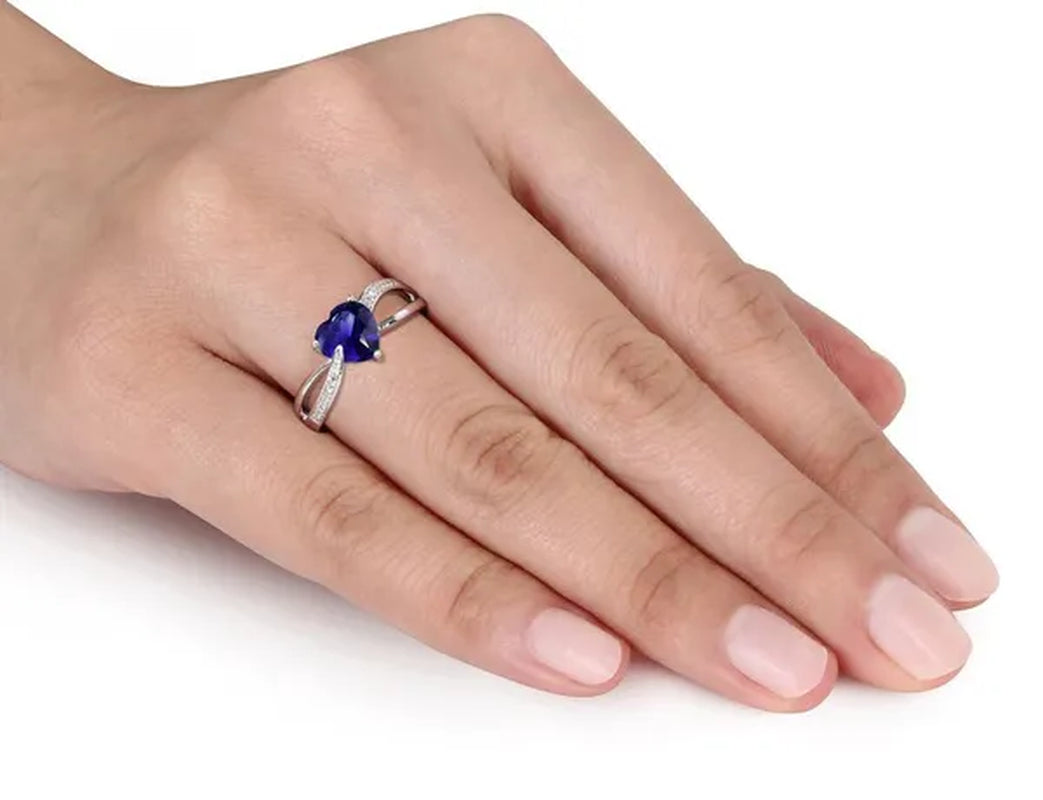 Created Blue Sapphire and Diamond Heart Ring 1.90 Carat (Ctw) in Sterling Silver