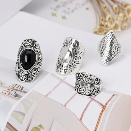 4Pcs/Set Vintage Silver Gypsy Boho Ethnic Ring Hollow Carved Gem Diamond Women  Rings