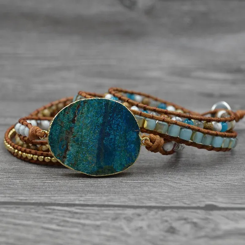 Vintage Boho Handmade Turquoise Charm Natural Stone Beads Bracelets Adjustable Wrap Leather Bracelet Jewelry