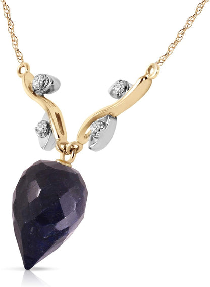 14K Solid Gold Necklace with Diamonds and Briolette Sapphire