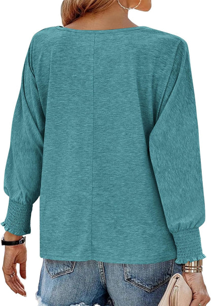 Womens Long Sleeve Tops Fall Outfits 2024 Dressy Casual Crew Neck Tee Shirts Smocked Loose Top Tunic Blouse