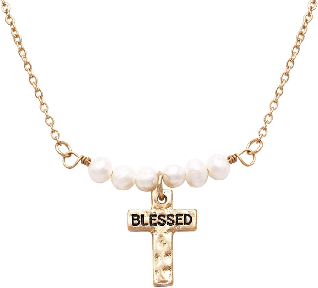 Women'S Stunning Inspirational Religious Blessed Cross Pendant with Freshwater Pearls Necklace, 15"+ 3" Extender - WORLD TIME VISITS