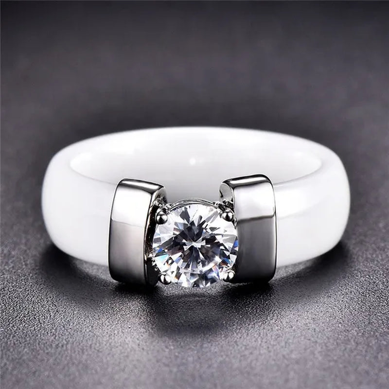 Fashion Male And Female Anti Allergy Black White Ceramic Ring Silver Gold Color  Diamond Solitare Ring Wedding Rings For Couple