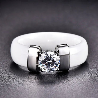 Fashion Male And Female Anti Allergy Black White Ceramic Ring Silver Gold Color  Diamond Solitare Ring Wedding Rings For Couple