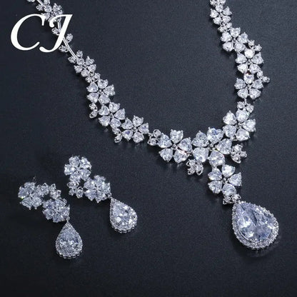 CANDICE High Quality Platinum Plating Wedding Party Costume Luxury CZ Stone Jewelry Flower Pendant Earrings Necklace Bridal Sets With Tear Drop Zirconia