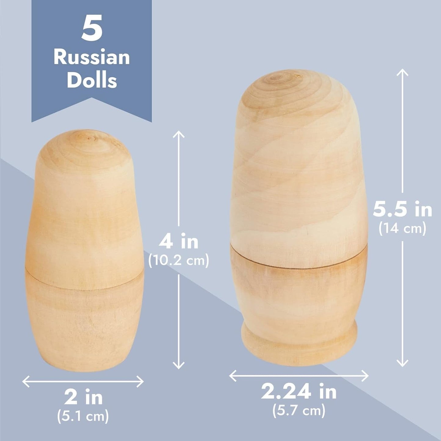 5 Piece Set of Unpainted Blank Russian Nesting Dolls for DIY Crafts, Art Projects