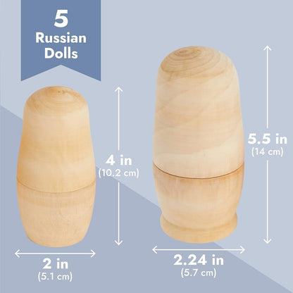 5 Piece Set of Unpainted Blank Russian Nesting Dolls for DIY Crafts, Art Projects