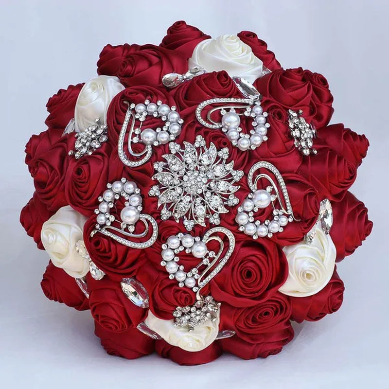 Exquisitely Handmade Ribbon Diamond Bridesmaids Holding Flowers 21CM Pearl Rhinestone Brooch Bridal Bouquet Artificial Silk Rose Wedding Flower Bouquet