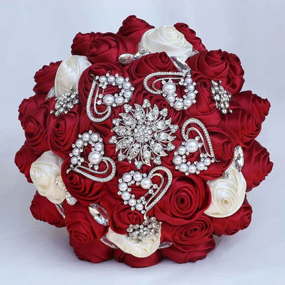 Exquisitely Handmade Ribbon Diamond Bridesmaids Holding Flowers 21CM Pearl Rhinestone Brooch Bridal Bouquet Artificial Silk Rose Wedding Flower Bouquet