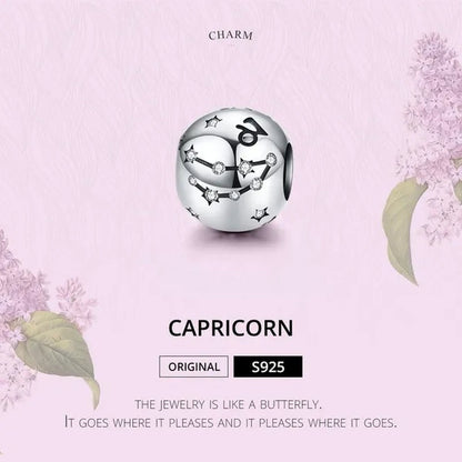 European Hot 12 Constellation Zodiac round 925 Sterling Silver Beads Charm for Women Bracelet Shining CZ Charm Fit Original Bangle Necklace DIY Jewelry Making