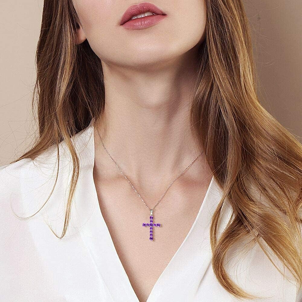 Gemstone Cross Necklace 925 Sterling Silver Created Birthstone Cross Prong Pendant Necklace Faithful Gift Ideas Fine Jewelry for Her Girlfriend Women Girls, 16" + 2" Extender - WORLD TIME VISITS