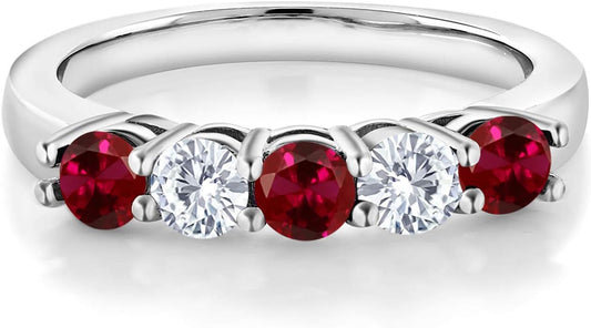 925 Sterling Silver Red Created Ruby and White Moissanite 5-Stone Wedding Anniversary Band Ring for Women (1.07 Cttw, Gemstone July Birthstone, Available in Size 5, 6, 7, 8, 9)
