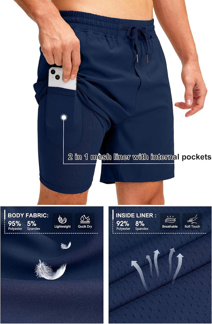 Men'S 2 in 1 Running Shorts with Liner 7 Inch Training Gym Athletic Workout Shorts for Men with Zipper Pockets