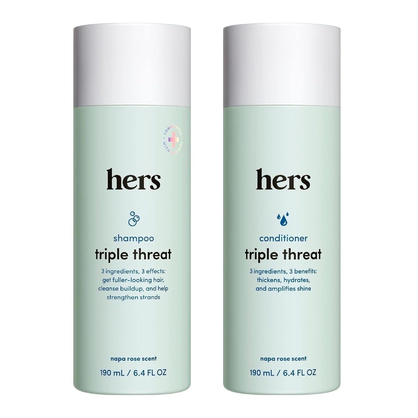 Hers Triple Threat Shampoo and Conditioner Set for Women - Thickening, Moisturizing, Reduces Shedding - Color Safe Hair Loss Shampoo and Conditioner - Napa Rose - 2 X 6.4 Fl Oz