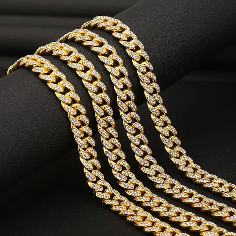 Men's Hip Hop Iced Out Paved Rhinestones 13MM Gold/Silver/Rose Gold Full Miami Curb Cuban Chain Bling Necklace Bracelet Set Jewelry Gifts