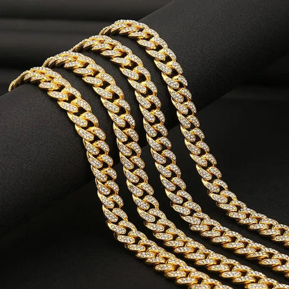 Men's Hip Hop Iced Out Paved Rhinestones 13MM Gold/Silver/Rose Gold Full Miami Curb Cuban Chain Bling Necklace Bracelet Set Jewelry Gifts
