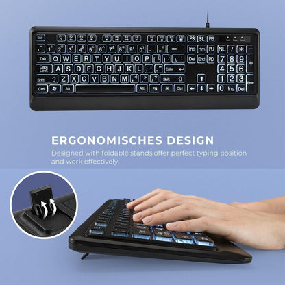 Large Print Backlit Keyboard, Quiet USB Wired Computer Keyboard, Full Size Keyboard with White Illuminated LED Compatible for Windows Desktop, Laptop, PC, Gaming, Black
