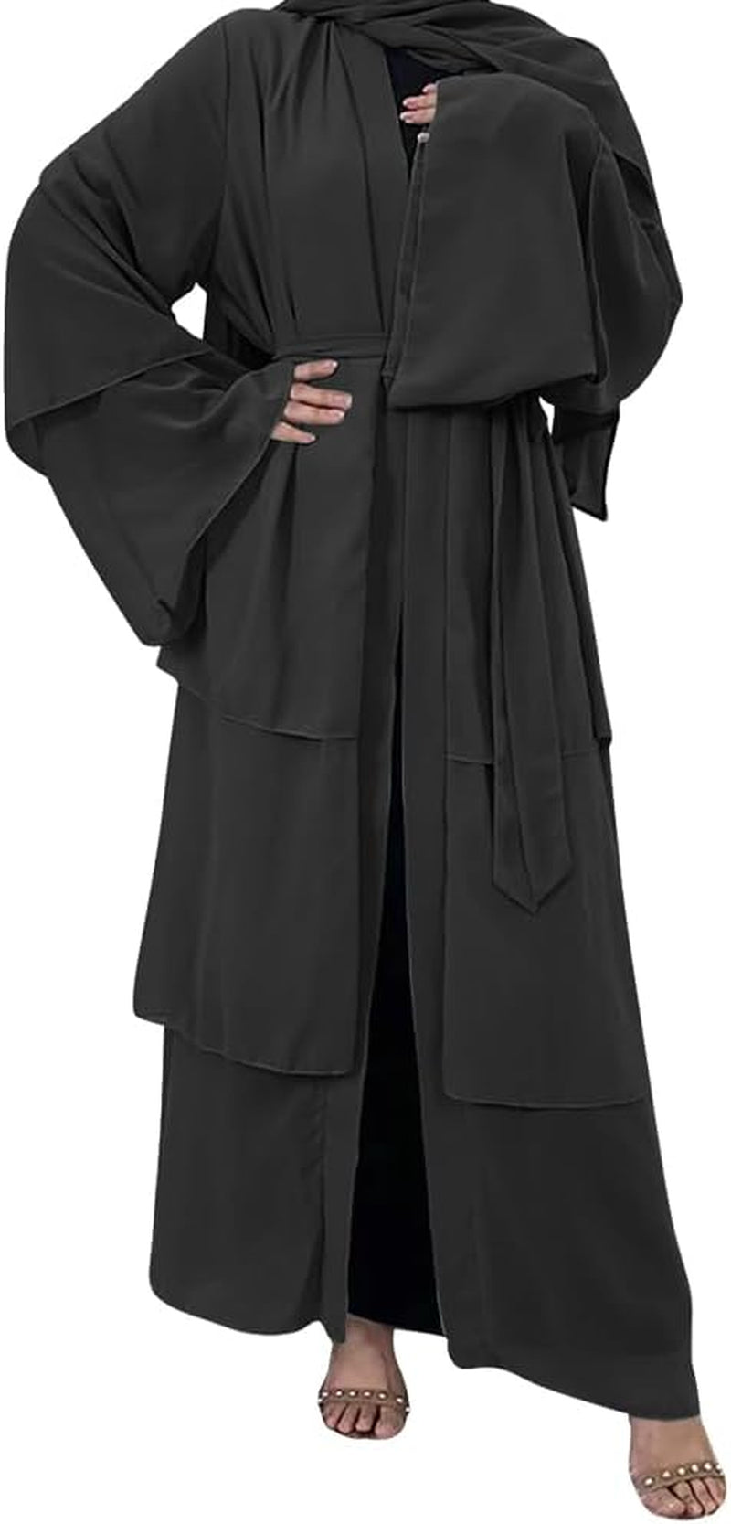 Muslim Chiffon Abaya for Women Open Front Cardigan Modest Dress with Hijab Scarf Middle East Arabian Robe Islamic Long Dress