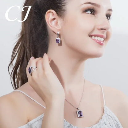 CANDICE Top Grade Bright Square Yellow Pave Sterling Silver Pendant Necklace Earrings and Ring with Tiny CZ Stone Jewelry 3 Pcs Sets for Women Dress Accessories