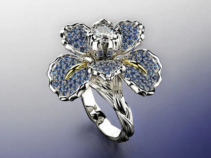 Silver Ring Iris Flower Two Tone Ring Blue Sapphire Flower Engagement Cocktail Ring Statement Crown Ring Natural Gemstones Ring Wedding Bride Engagement Band Charm Party Ring Jewelry