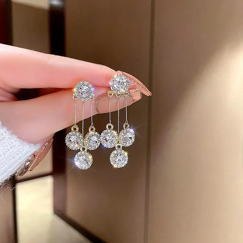 New Luxurious Round Rhinestone Tassel Dangle Stud Earrings For Women Shiny Temperament Gold Silver Color Earrings