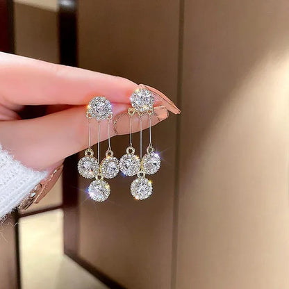 New Luxurious round Rhinestone Tassel Dangle Stud Earrings for Women Shiny Temperament Gold Silver Color Earrings