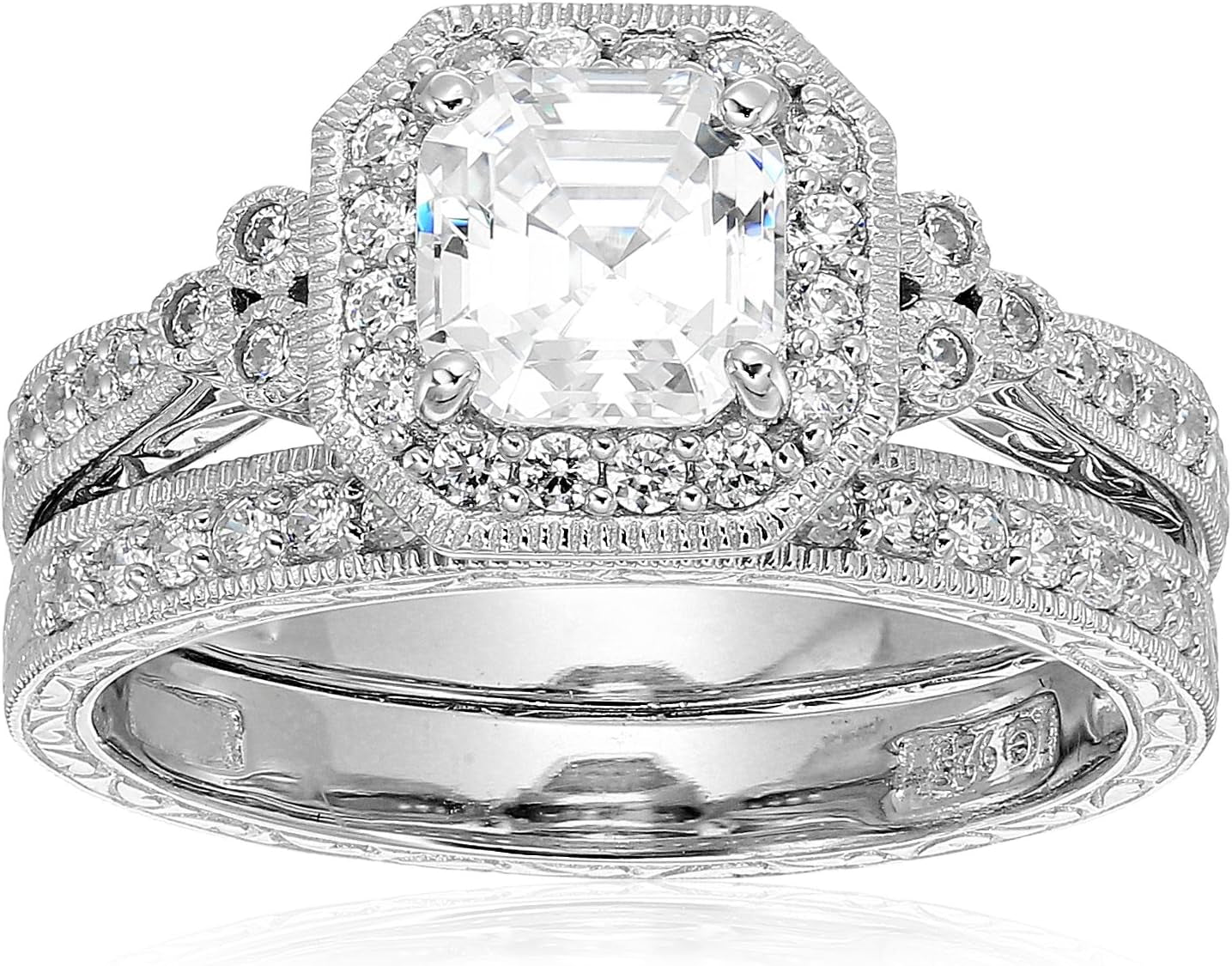 Platinum or Gold Plated Sterling Silver Antique Ring Set with Asscher-Cut Infinite Elements Cubic Zirconia (Previously Amazon Collection) - WORLD TIME VISITS