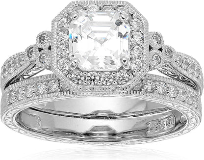 Platinum or Gold Plated Sterling Silver Antique Ring Set with Asscher-Cut Infinite Elements Cubic Zirconia (Previously Amazon Collection) - WORLD TIME VISITS