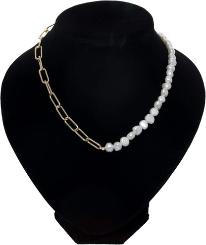 Paper Clip Pearl Necklace Vintage Chunky Link Chain Baroque Cultured Pearls 18K Gold Choker Fashion Retro Charm Valentine Jewelry for Women Girls