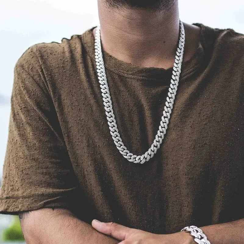 13MM  24K Gold/925 Silver Iced Out BlingBling Diamond Cuban Link Chain Miami Choker Necklace Bracelet Jewelry Set for Fashion Men and Women Hip Hop Jewelry