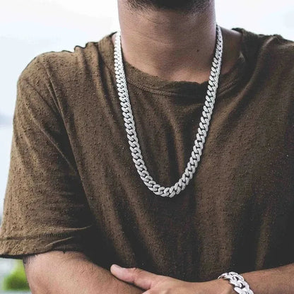 13MM  24K Gold/925 Silver Iced Out BlingBling Diamond Cuban Link Chain Miami Choker Necklace Bracelet Jewelry Set for Fashion Men and Women Hip Hop Jewelry