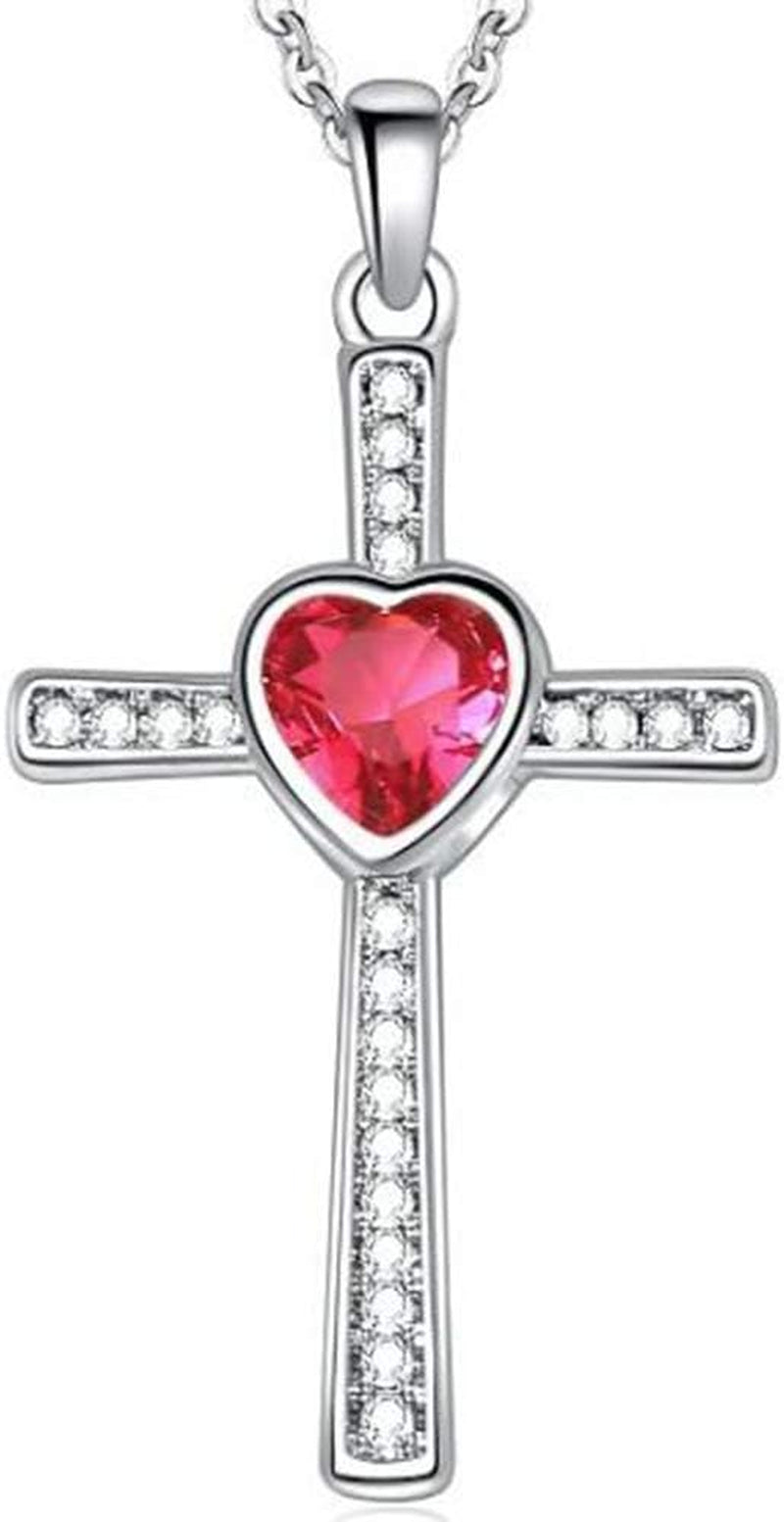 Stainless Steel Heart Birthstone Cross Statement Wedding Cocktail Party Pendant Necklace - WORLD TIME VISITS