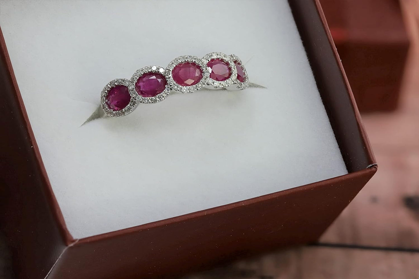 14K White Gold Genuine Ruby 1-3/8Ct Oval, Diamonds Band Ring, Size 7